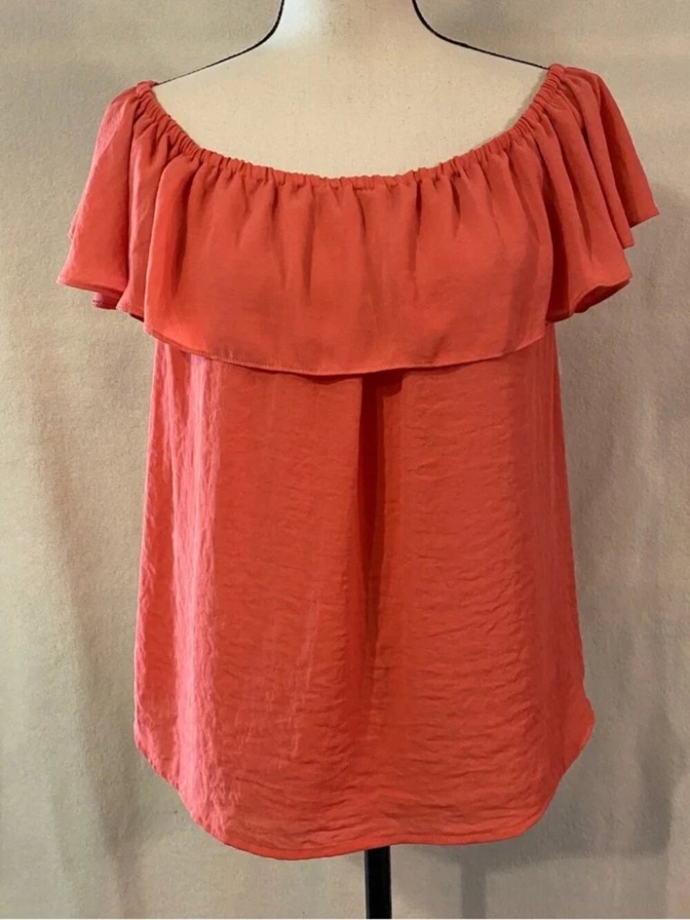Maeve Anthropologie dark salmon pink Islander off shoulder ruffle blouse